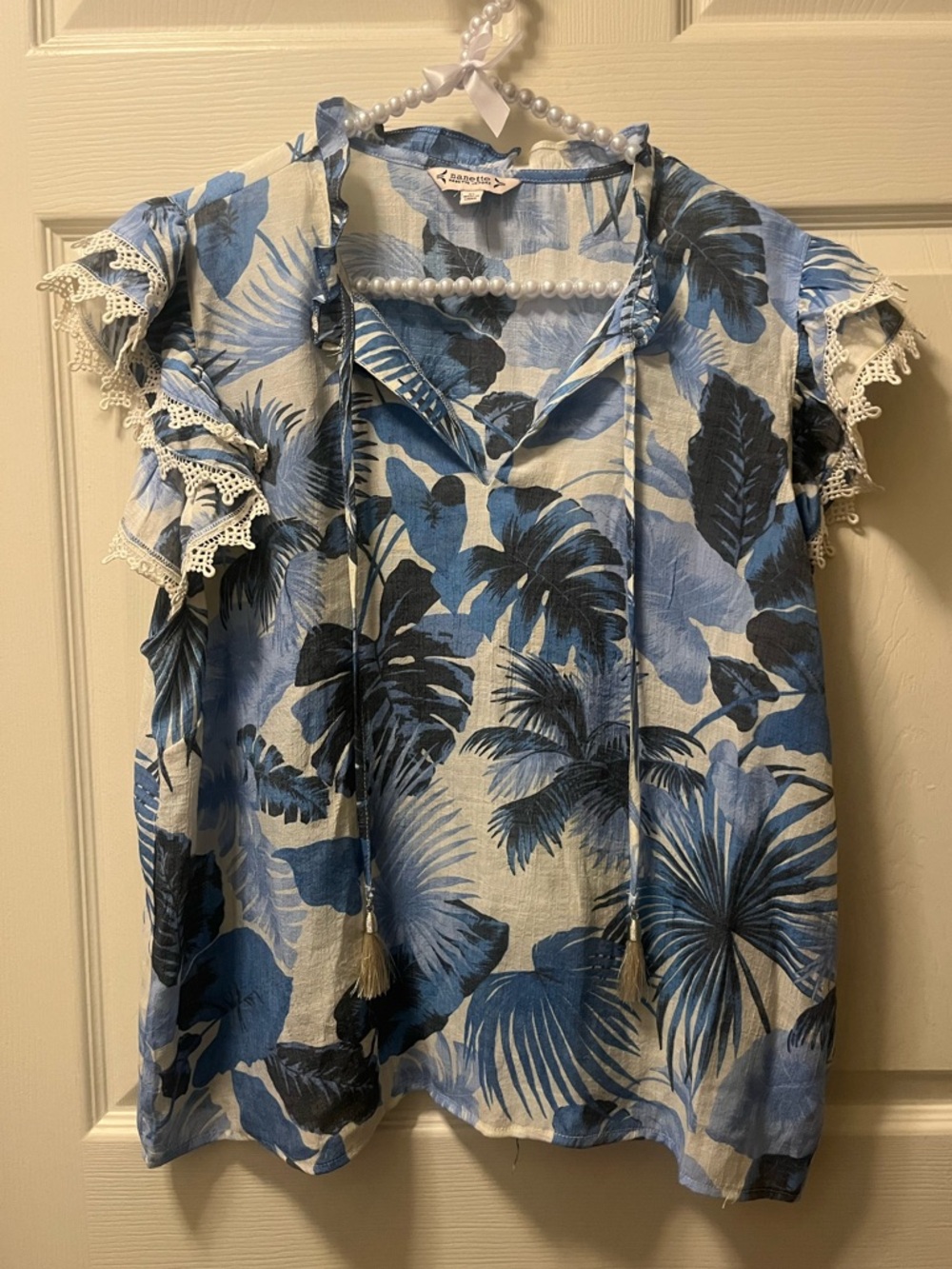 Nanette Lapore Blue Tropical Print Women’s Blouse with Tassel Tie Lace Trim SzXL